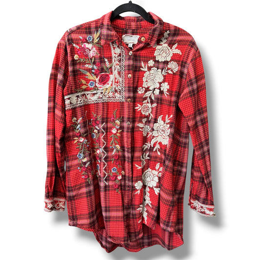 Johnny Was Workshop Roma Embroidered Plaid Tunic Shirt Size Small