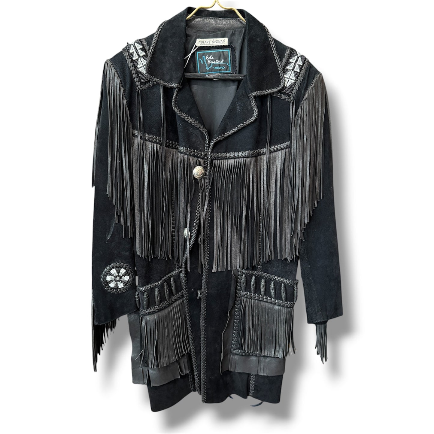 Echo Mountain Black Suede Leather Fringe Beaded Jacket Size M Men's