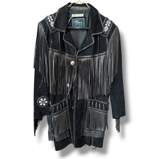 Echo Mountain Black Suede Leather Fringe Beaded Jacket Size M Men's