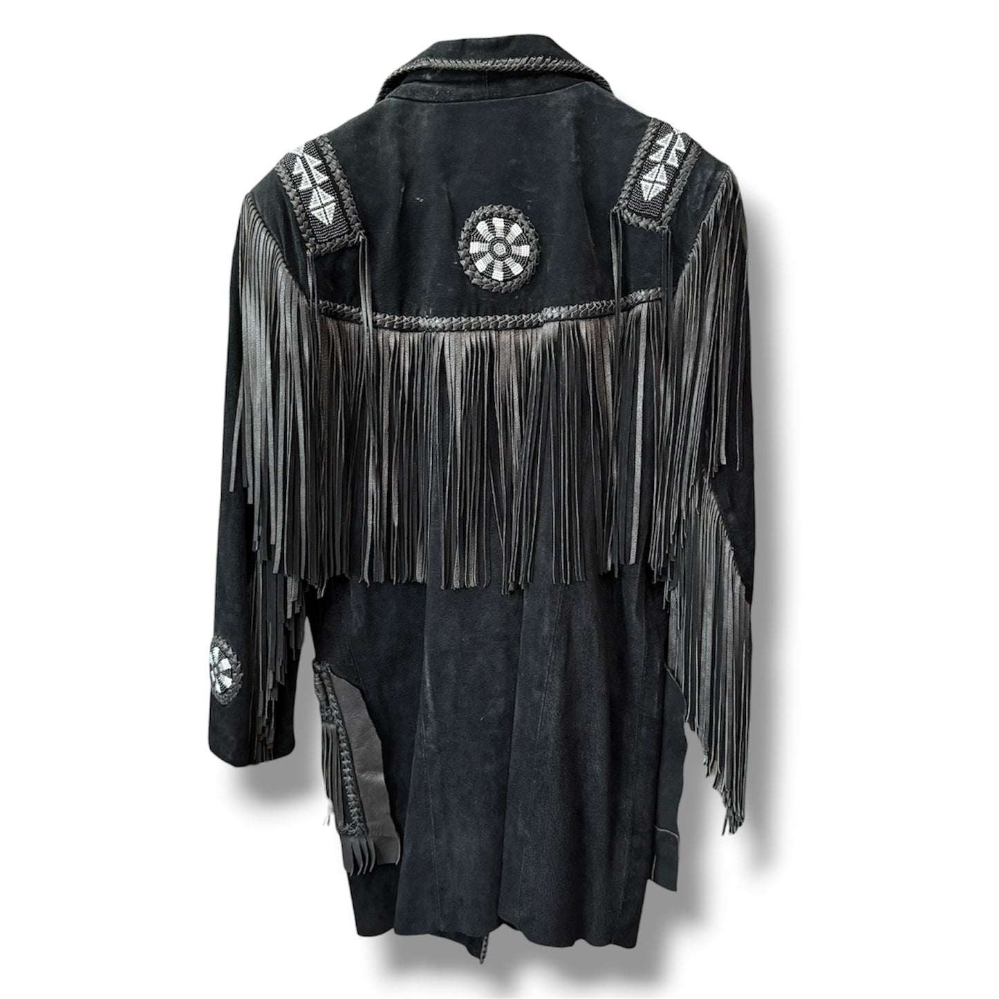 Echo Mountain Black Suede Leather Fringe Beaded Jacket Size M Men's
