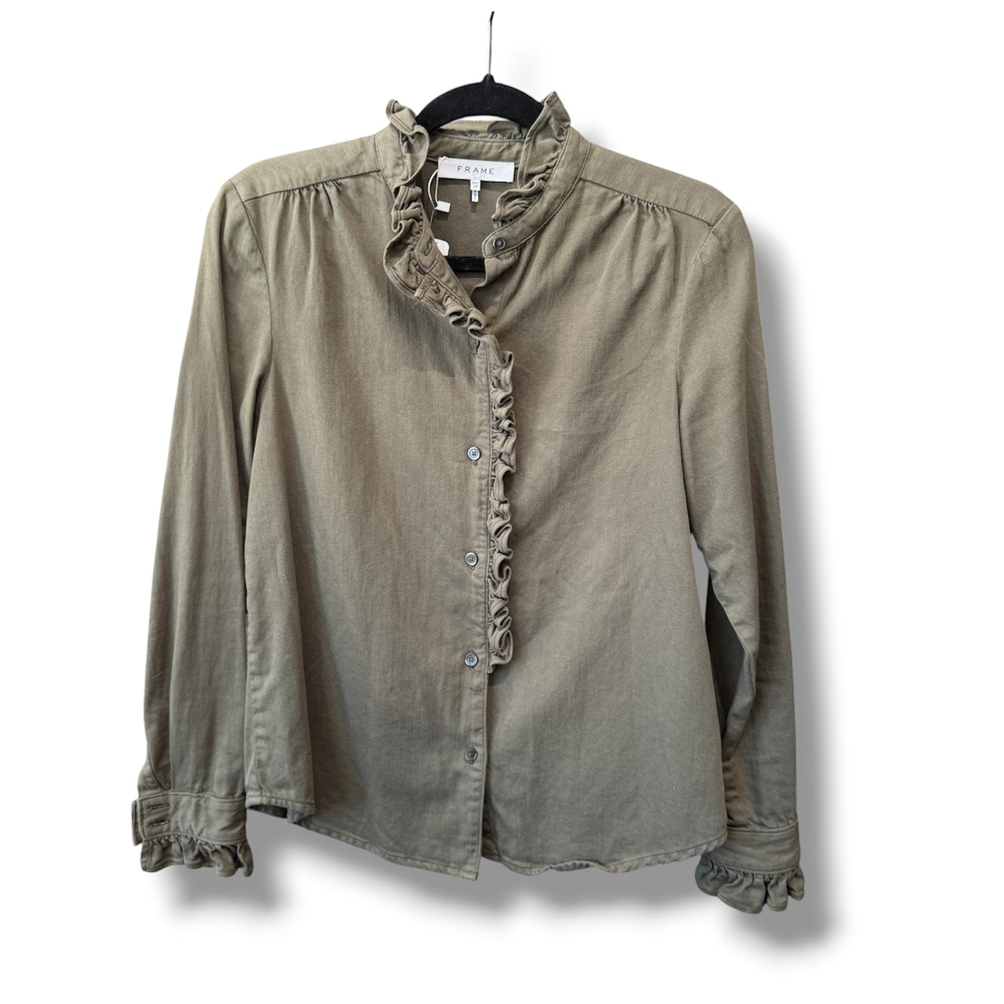 FRAME Ruffle Button Up Blouse Army Green Size XS