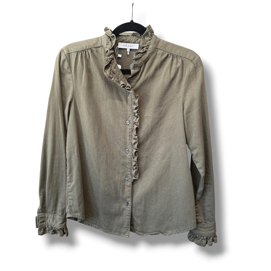 FRAME Ruffle Button Up Blouse Army Green Size XS