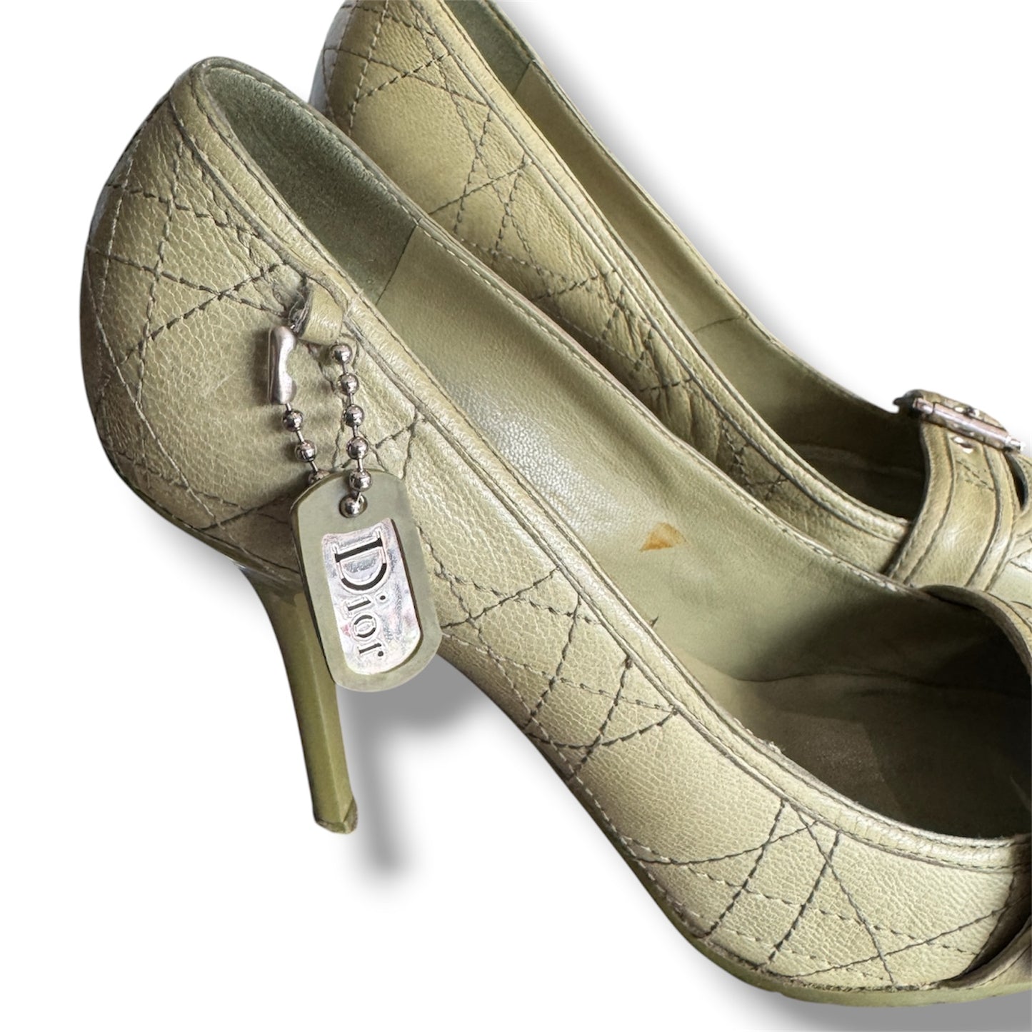 Christian Dior Vintage Green Cannage Rasta Pointed Toe Buckle Pumps Heels EU 37.5