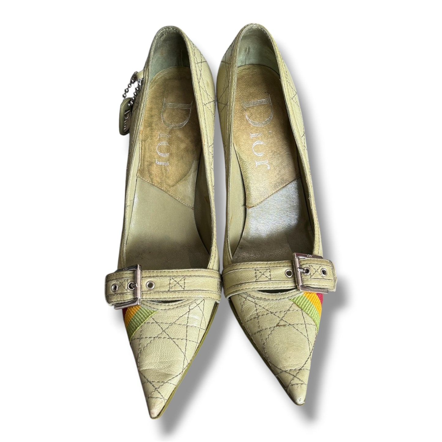 Christian Dior Vintage Green Cannage Rasta Pointed Toe Buckle Pumps Heels EU 37.5