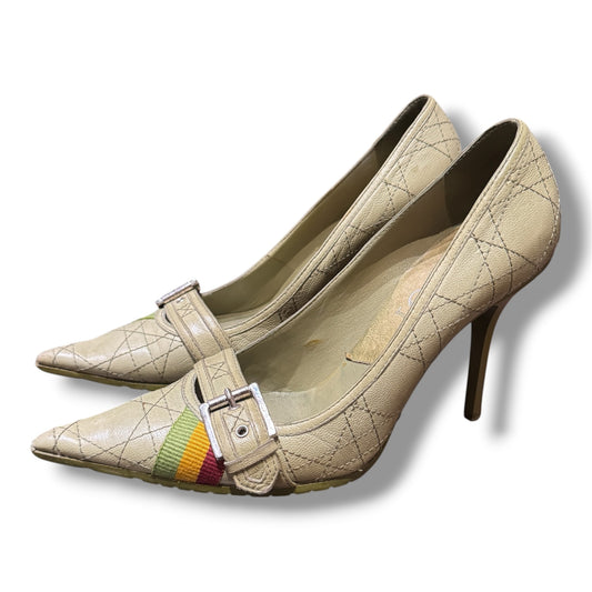 Christian Dior Vintage Green Cannage Rasta Pointed Toe Buckle Pumps Heels EU 37.5