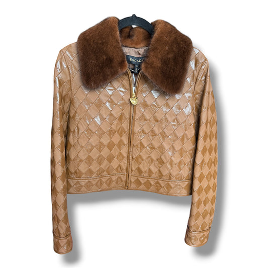 Escada Brown Leather Quilted Harlequin Jacket with Mink Collar 38