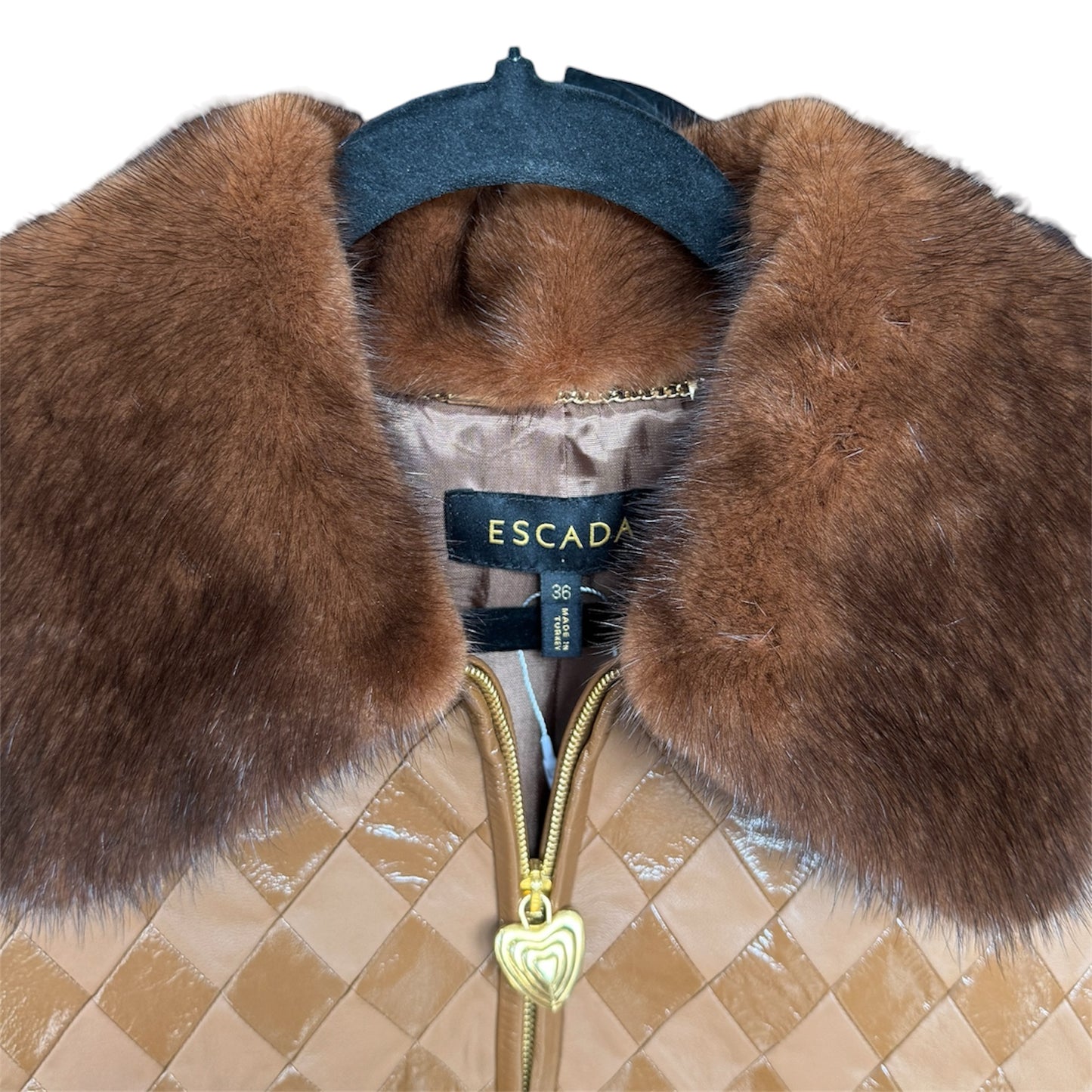 Escada Brown Leather Quilted Harlequin Jacket with Mink Collar 38