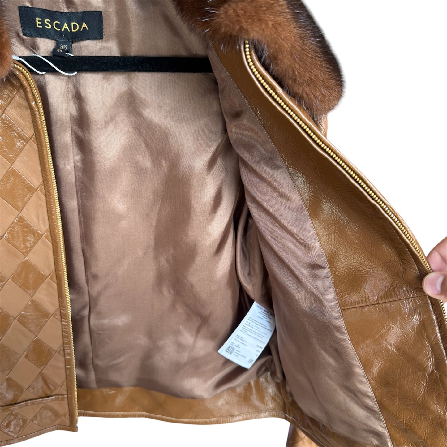 Escada Brown Leather Quilted Harlequin Jacket with Mink Collar 38