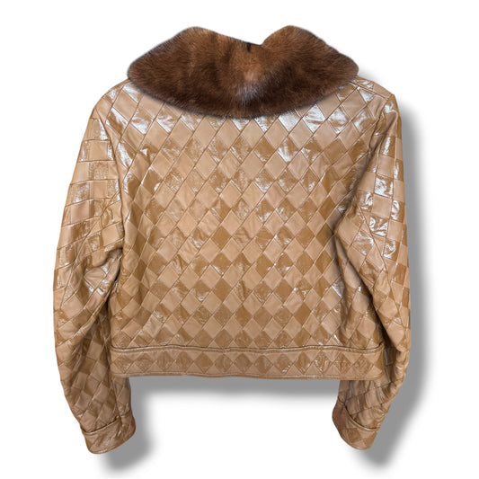 Escada Brown Leather Quilted Harlequin Jacket with Mink Collar 38