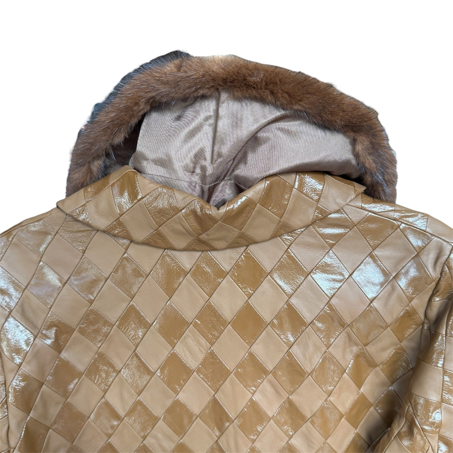 Escada Brown Leather Quilted Harlequin Jacket with Mink Collar 38