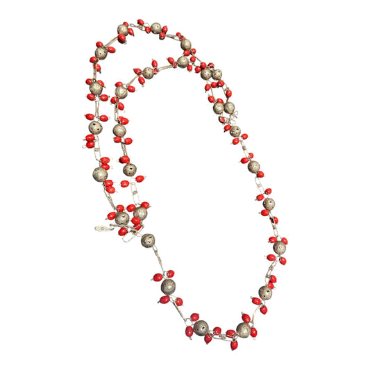 Beaded Silver Scarf Necklace with Red Wooden Beads