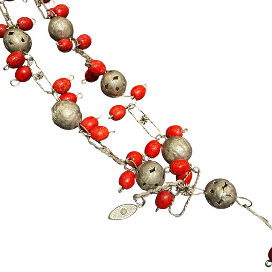 Beaded Silver Scarf Necklace with Red Wooden Beads