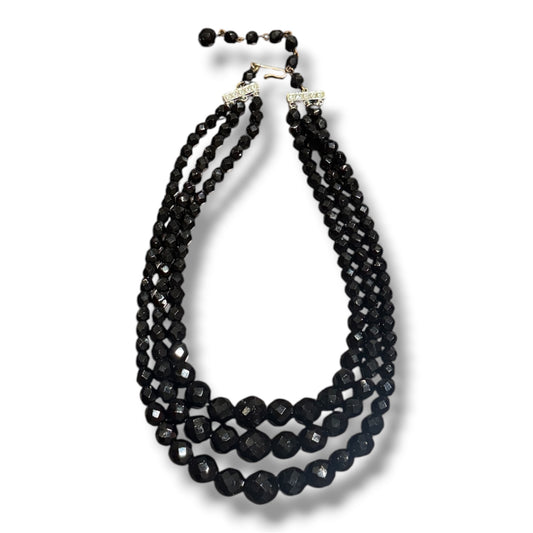 Vintage Laguna Triple Strand Black Glass Beaded Necklace