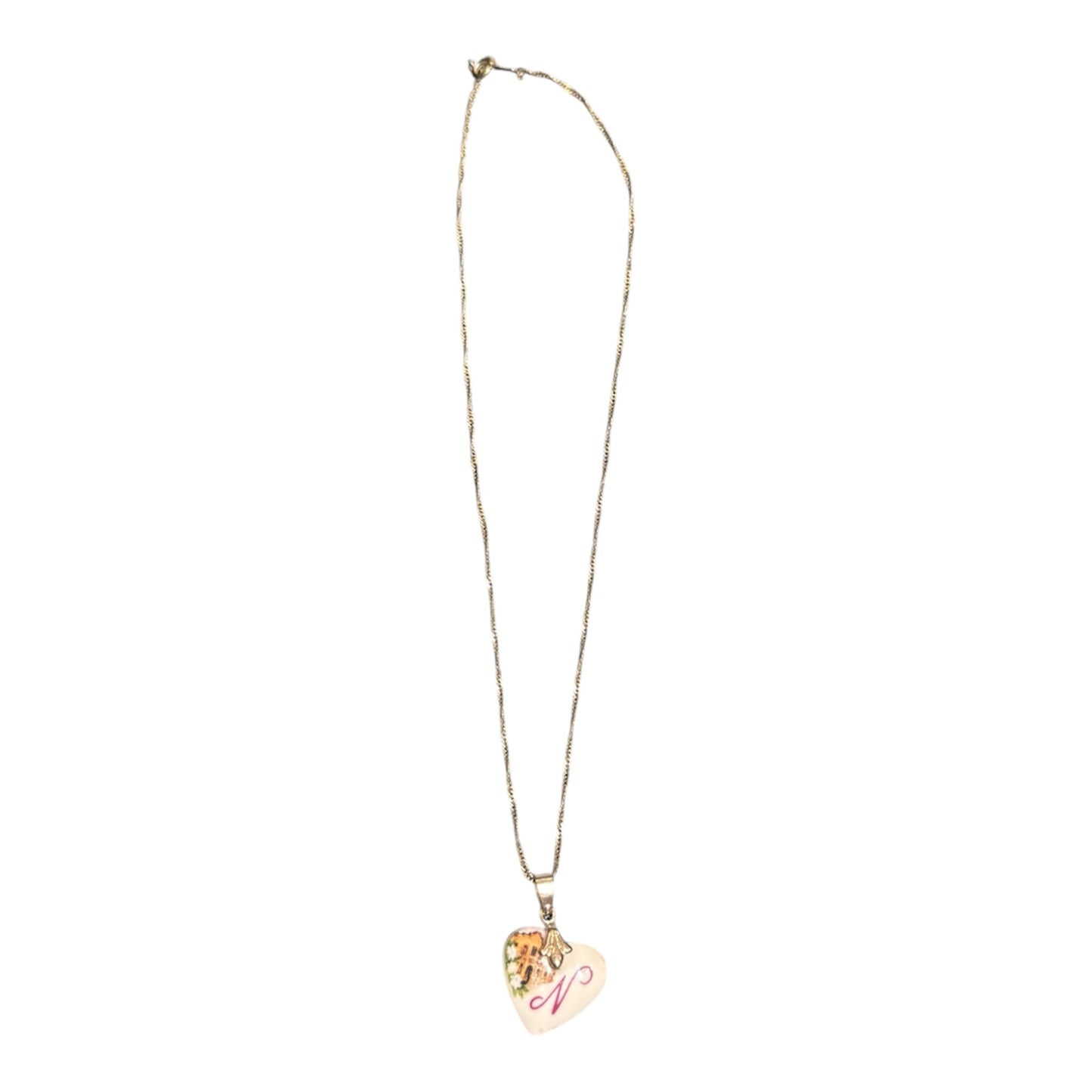 "N" Porcelain Heart Pendant 8k Gold Chain