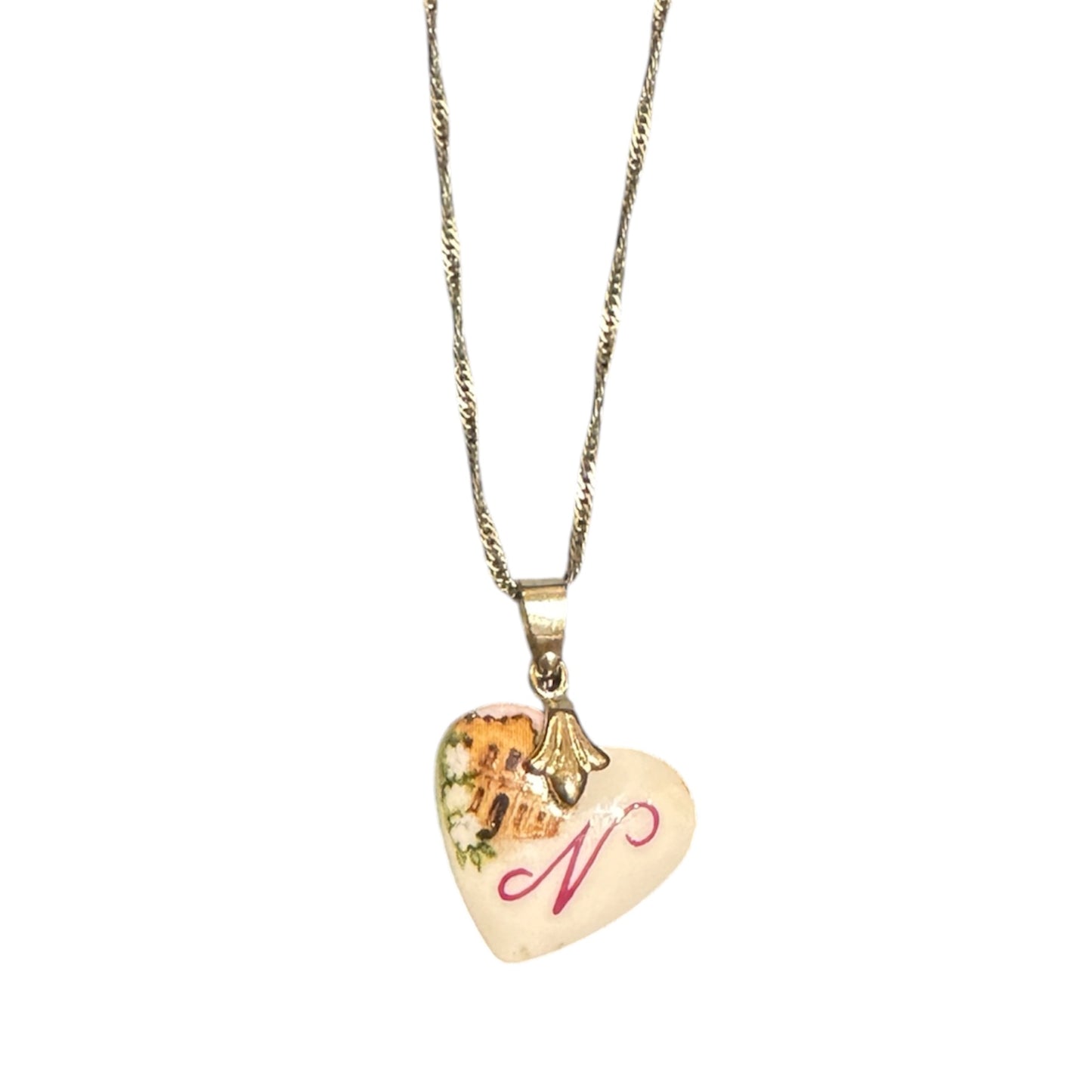 "N" Porcelain Heart Pendant 8k Gold Chain