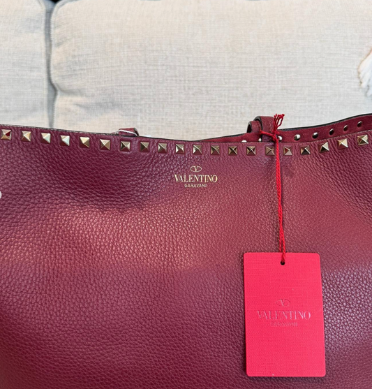 Valentino Garavani Dark Burgundy Rockstud Leather Large Tote