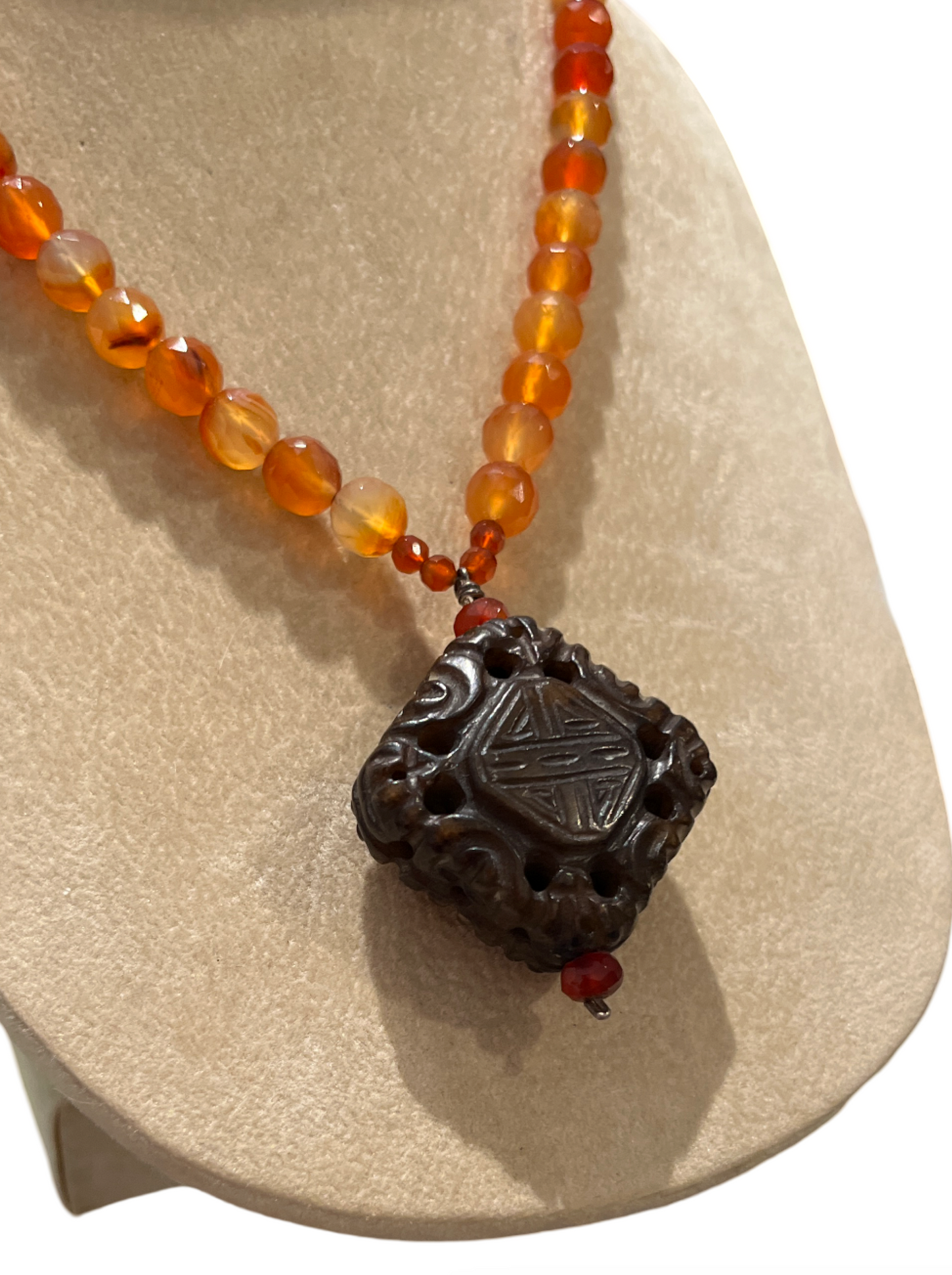 Real Orange Stone Tarnish Squared Pendant