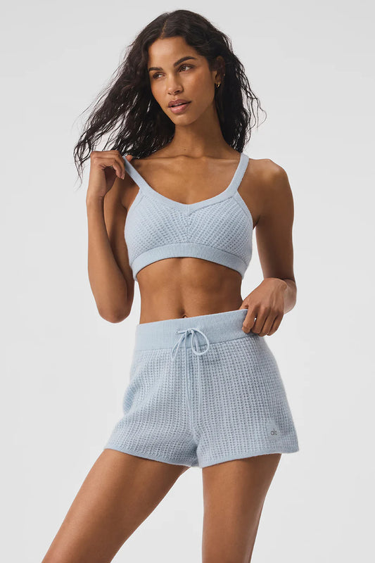 Alo Yoga Plush Cashmere Waffle Bra & Short Crystal Blue Set